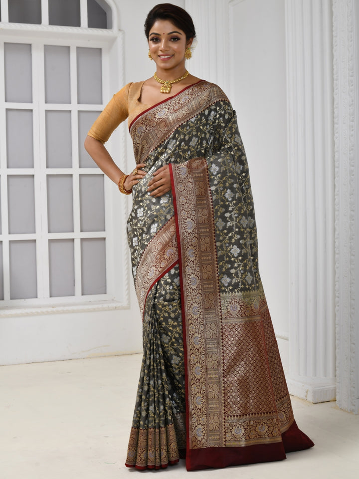 Grey Banarasi Geometric Pattern Silk Saree With Contrast Floral Border
