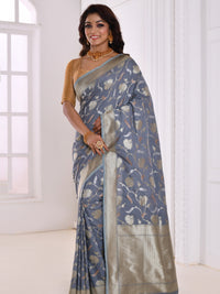Grey Floral Silver Zari Woven Embroidered Banarasi Silk Saree