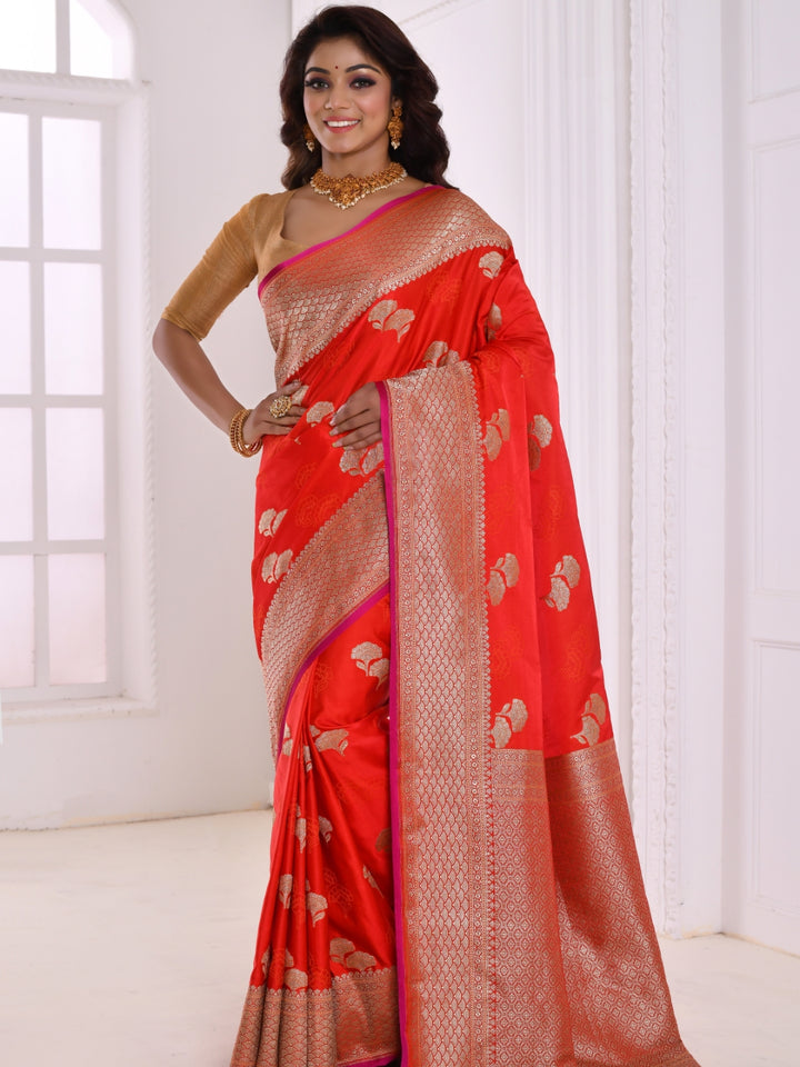 Red Banarasi Silk Saree With Brocade Border