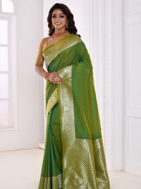 Green Solid Silk Saree With Banarasi Border & pallu