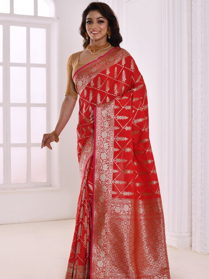 Red Banarasi Silk Silver Zari Embellished Saree