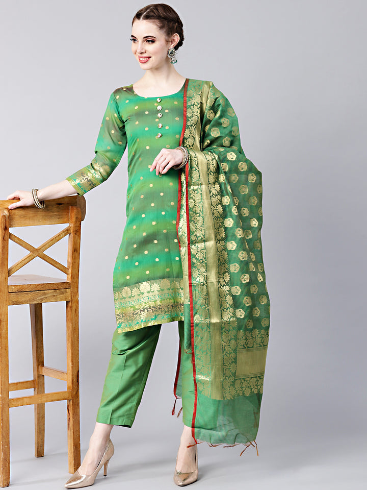 Chhabra 555 Green Banarasi Handloom Dress Material with Zari Resham Weaving and Tassled dupatta