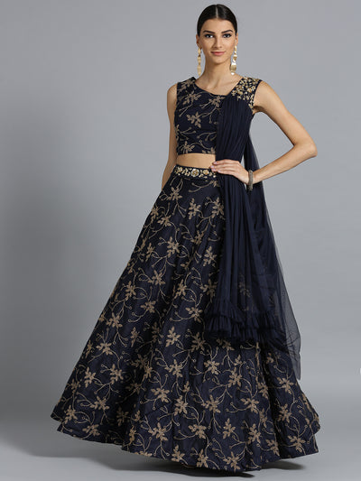 Chhabra 555 Navy Blue Silk Crop top Made-to-measure Lehenga With attached Dupatta and belt