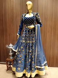 Deep Blue Velvet Anarkali with Gold Zari Hand Embroidery and Kundan Work