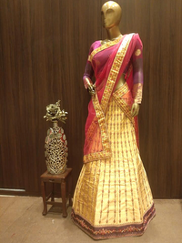 Cream Semi-Stitched Lehenga with Contrast Border Resham Embroidery