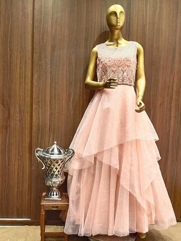 Pastel Peach Embellished Flared Gown with Cutdana, Pearls, Sequence
