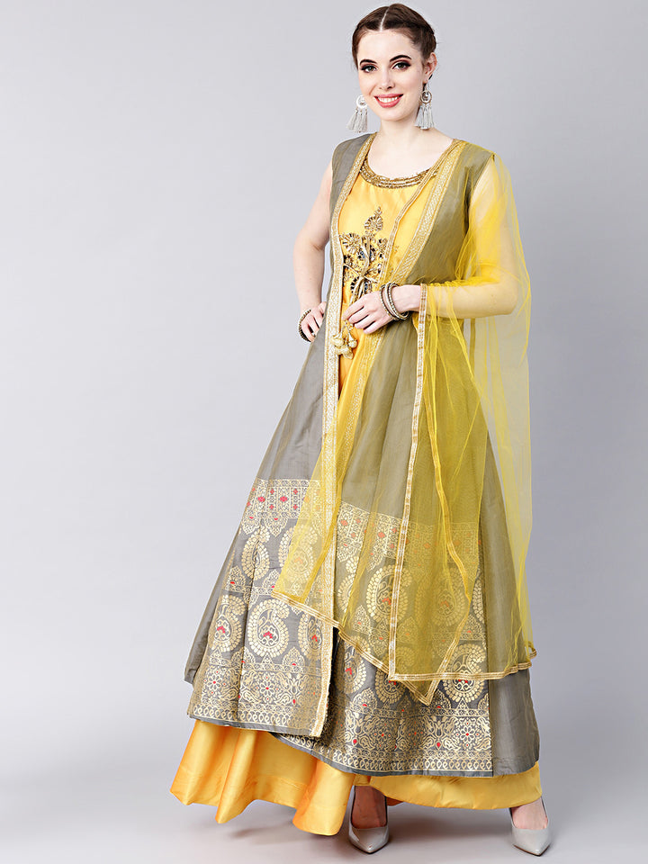Chhabra 555 Made-to-measure Floor-length Kurta Set with Handloom Banarasi Silk Jacket & Mirror Work