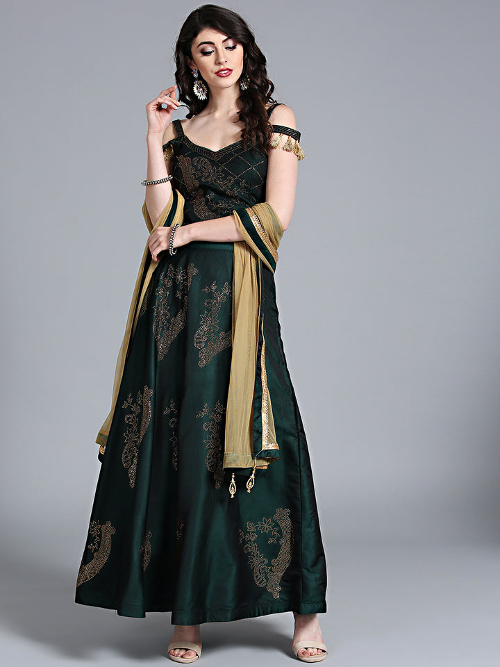 Chhabra 555 Green Silk Made-to-Measure Lehenga with Crystal Embellishment & sphagetti strap blouse