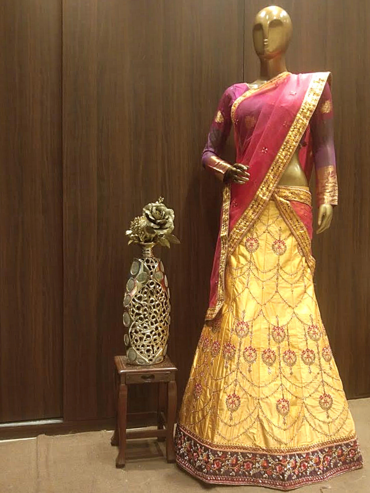 Gold Semi-Stitched Lehenga Set with Contrast Dupatta With Placement Embroidery