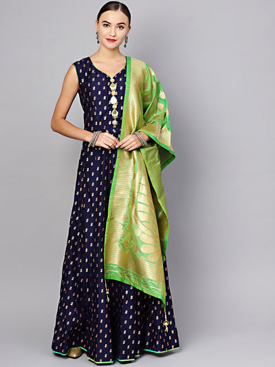 Chhabra 555 Blue Made To Measure Anarkali Suit with Foil Print and Banarasi Dupatta 