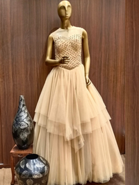 Pastel Rose Gold Flared Gown With Pearl And Sequence Embroidery