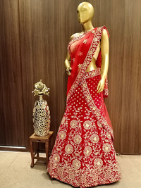 Embellished Semi-stitched Bridal Lehenga with Gold Zardozi Embroidery & Scalloped Dupatta