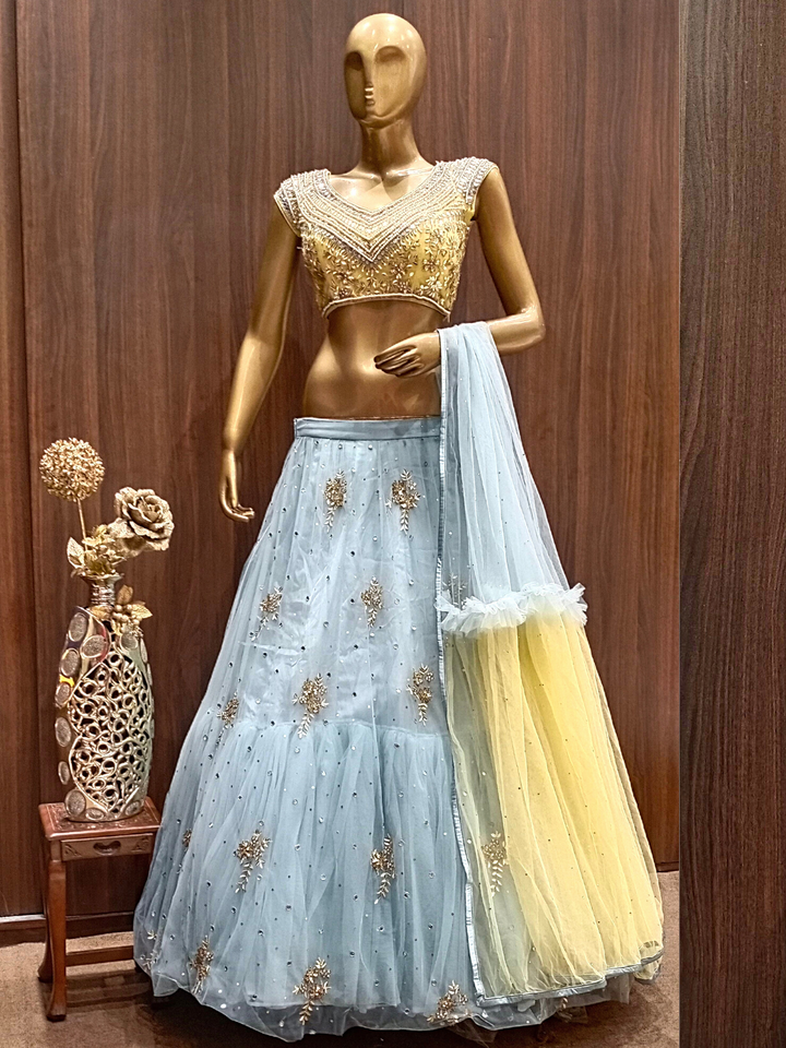 Ruffled Mirror Work Lehenga Set With Hand Pearl Embroidery Blouse