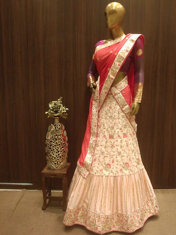 Rose Gold Semi-Stitched Lehenga Set with Contrast Dupatta With Floral Resham Embroidery
