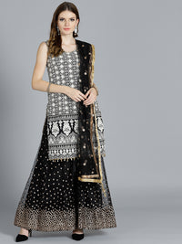 Chhabra 555 Black Resham and Zari Embroidered Stitched Sharara Kurta Set With Net Dupatta