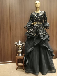 Grey Silk Ribbon Work Flared Gown With Ruffled Styled Bell Sleeves