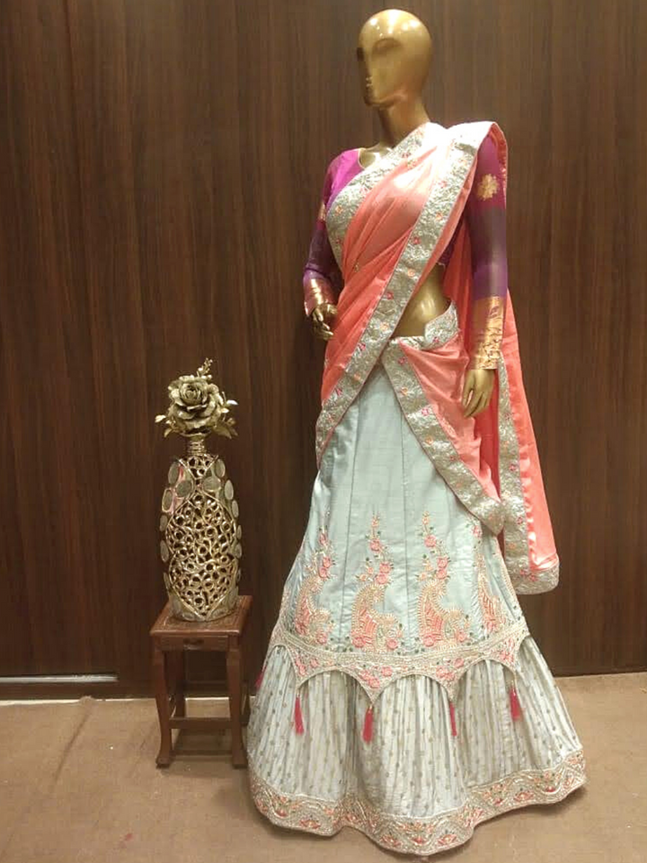 Aqua Blue Semi-Stitched Silk Lehenga Set with Contrast Crepe Dupatta With Resham Embroidery