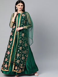 Chhabra 555 Made to Measure Three piece Jacket style Cocktail gown with Resham Zari And Sequin embroidery. Front Open Embroidered Long jacket. Solid Dyed Floor length Gown. Matching Dupatta