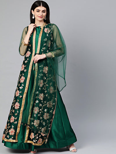 Chhabra 555 Made to Measure Three piece Jacket style Cocktail gown with Resham Zari And Sequin embroidery. Front Open Embroidered Long jacket. Solid Dyed Floor length Gown. Matching Dupatta