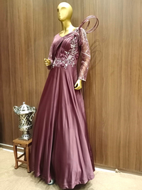 Wine Flared Cocktail Gown With Embroidered Sleeves , Pleating, Pearl Embellishments