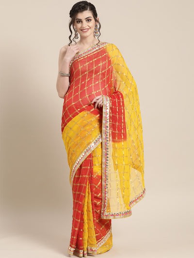 Chhabra 555 Chiffon Checked Gharchola Saree with ombre bandhani dying and Gota Patti Border