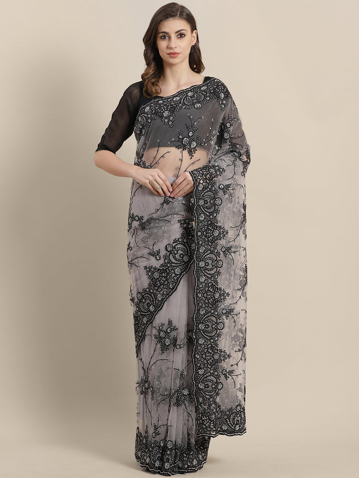 Chhabra 555 Net Embroidered Cocktail Saree with Heavy resham and crystal, pearl embellishments