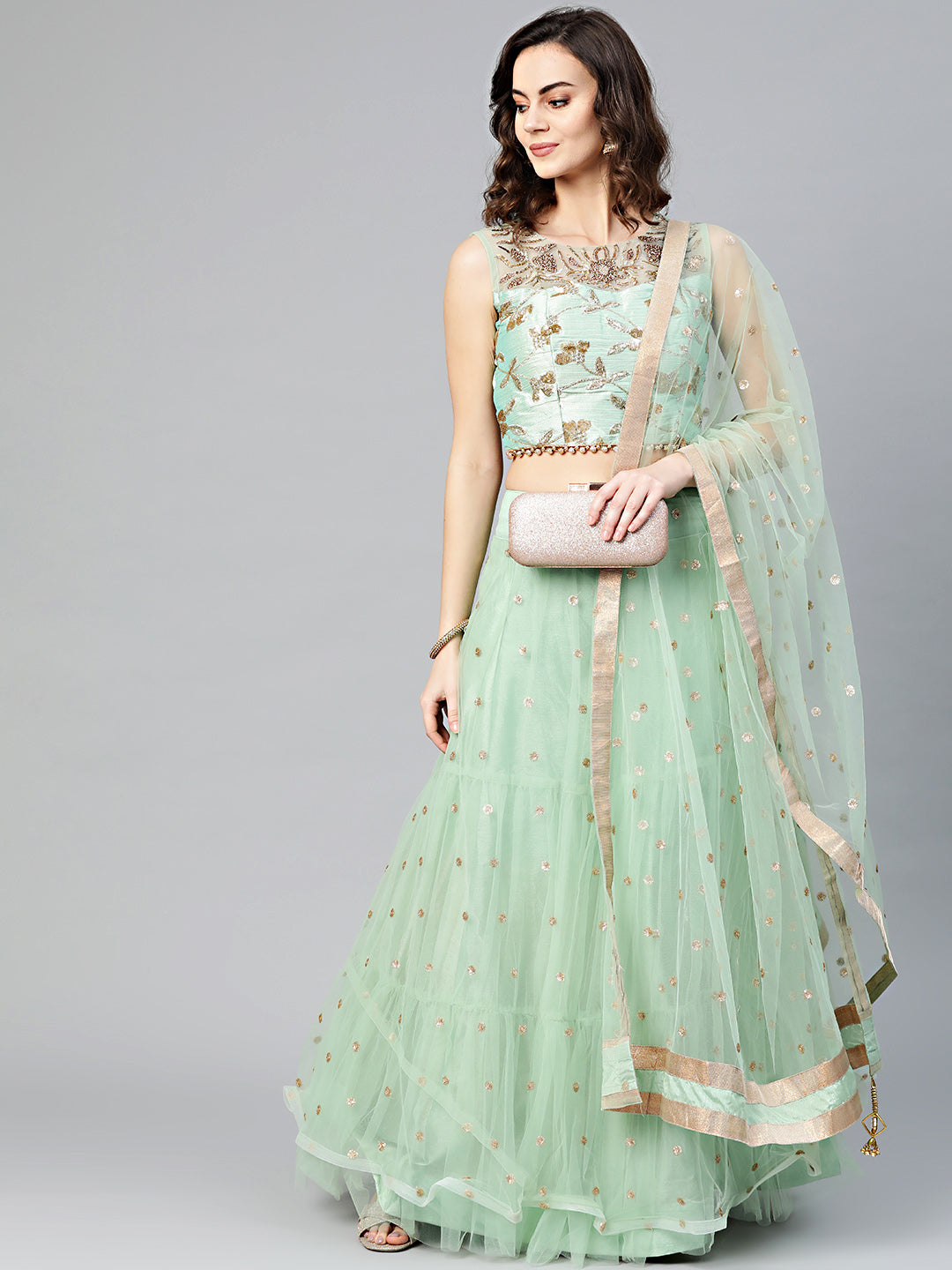 Chhabra 555 Made-to-Measure Crop Top Set with Sequin and Cut-dana embroidery and Tassled dupatta and blouse