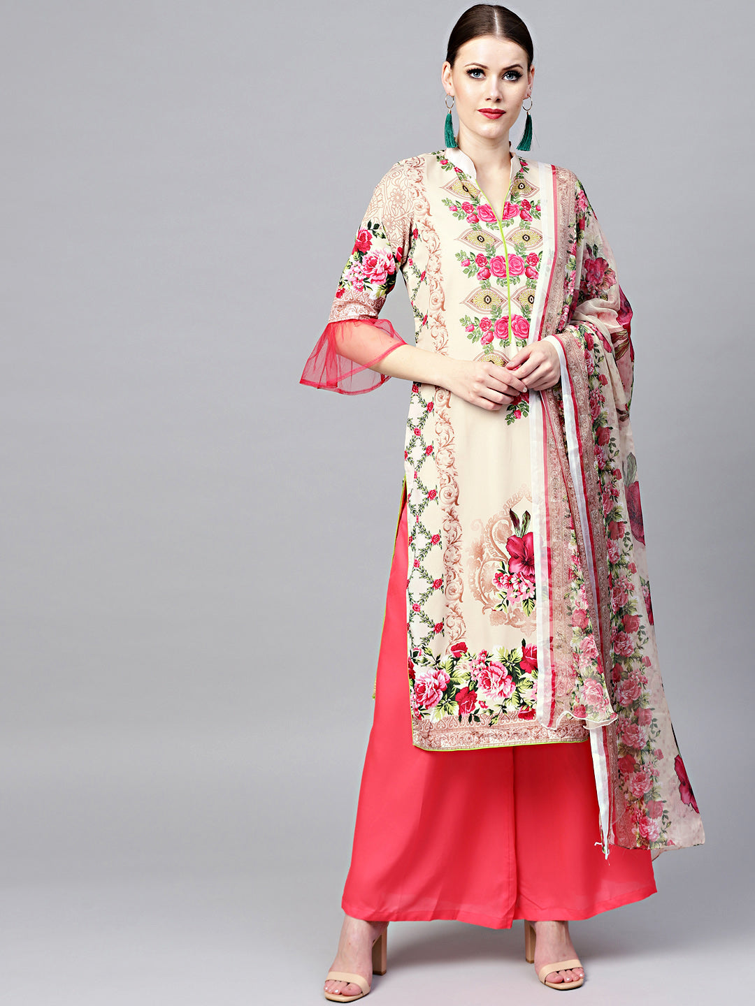 Chhabra 555 Beige Floral Printed Crepe Made-to-Measure Kurta Set with Chiffon Dupatta