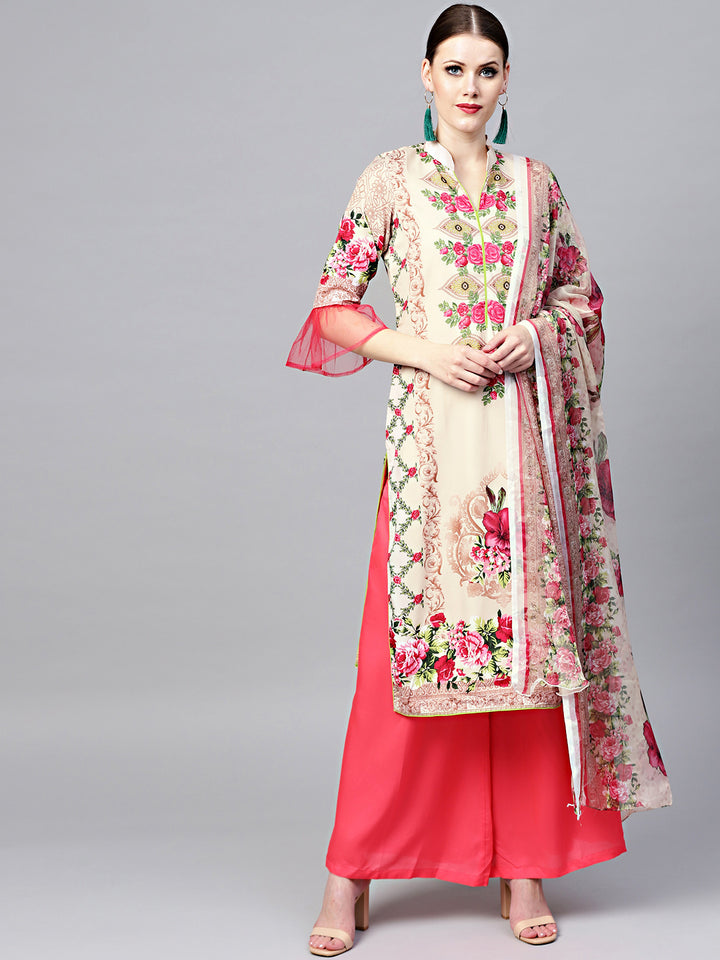 Chhabra 555 Beige Floral Printed Crepe Made-to-Measure Kurta Set with Chiffon Dupatta