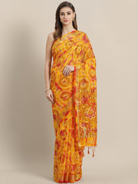 Chhabra 555 Chanderi Bandhej Multicolor Saree with  Golden zari border and tassels