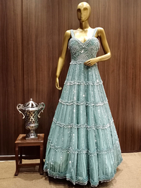 Metallic Ice Blue Crystal Hand Embellished Gown with Pearl Embroidery