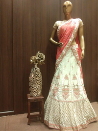 Aqua Blue Semi-Stitched Silk Lehenga Set with Contrast Crepe Dupatta & Resham Embroidery