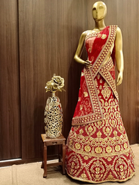Heavy Ornate Semi-stitched Bridal Lehenga with Gold Zari ,Kundan Embroidery