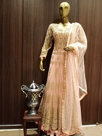 Peach Net Heavy Front Back Embroidered Anarkali with 24 kalis & Dupatta