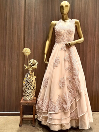 Pastel Peach Crystal Hand Embellished Layered Gown with Resham Embroidery