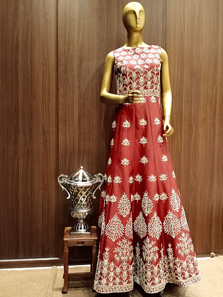 Traditional Gotta Patti Maroon Flared Silk Gown with Gold Zari Embroidery