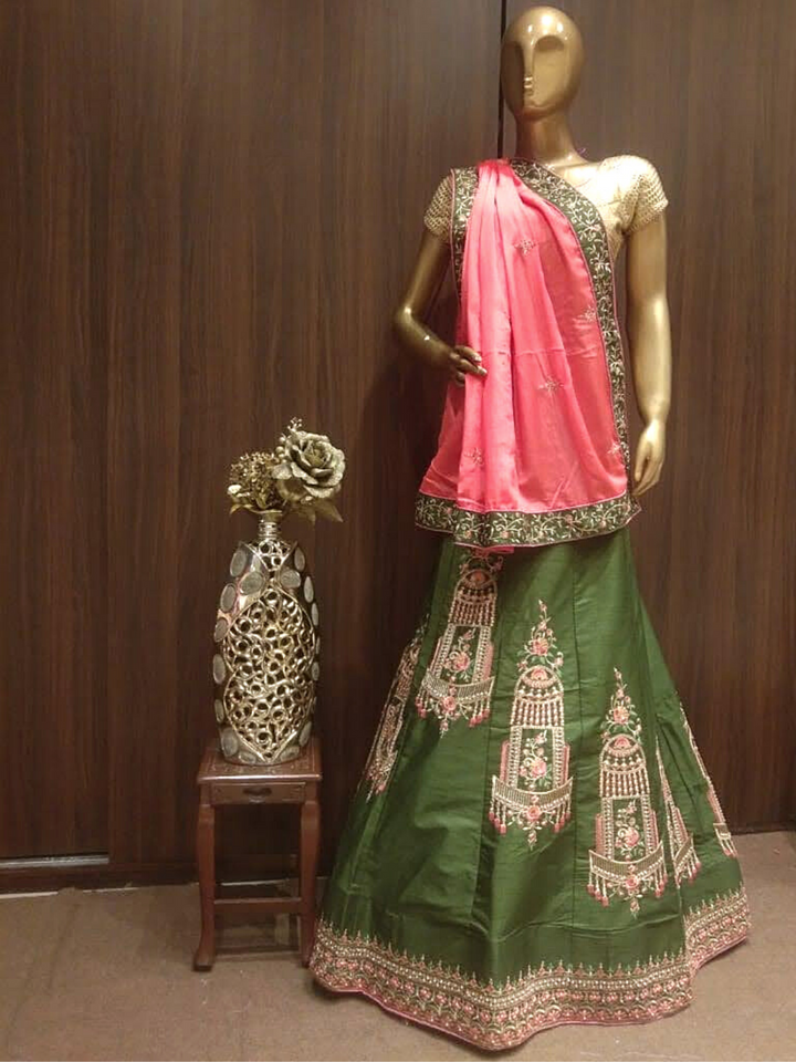 Olive Green Semi-Stitched Silk Lehenga Set with Contrast Crepe Dupatta & Resham Embroidery