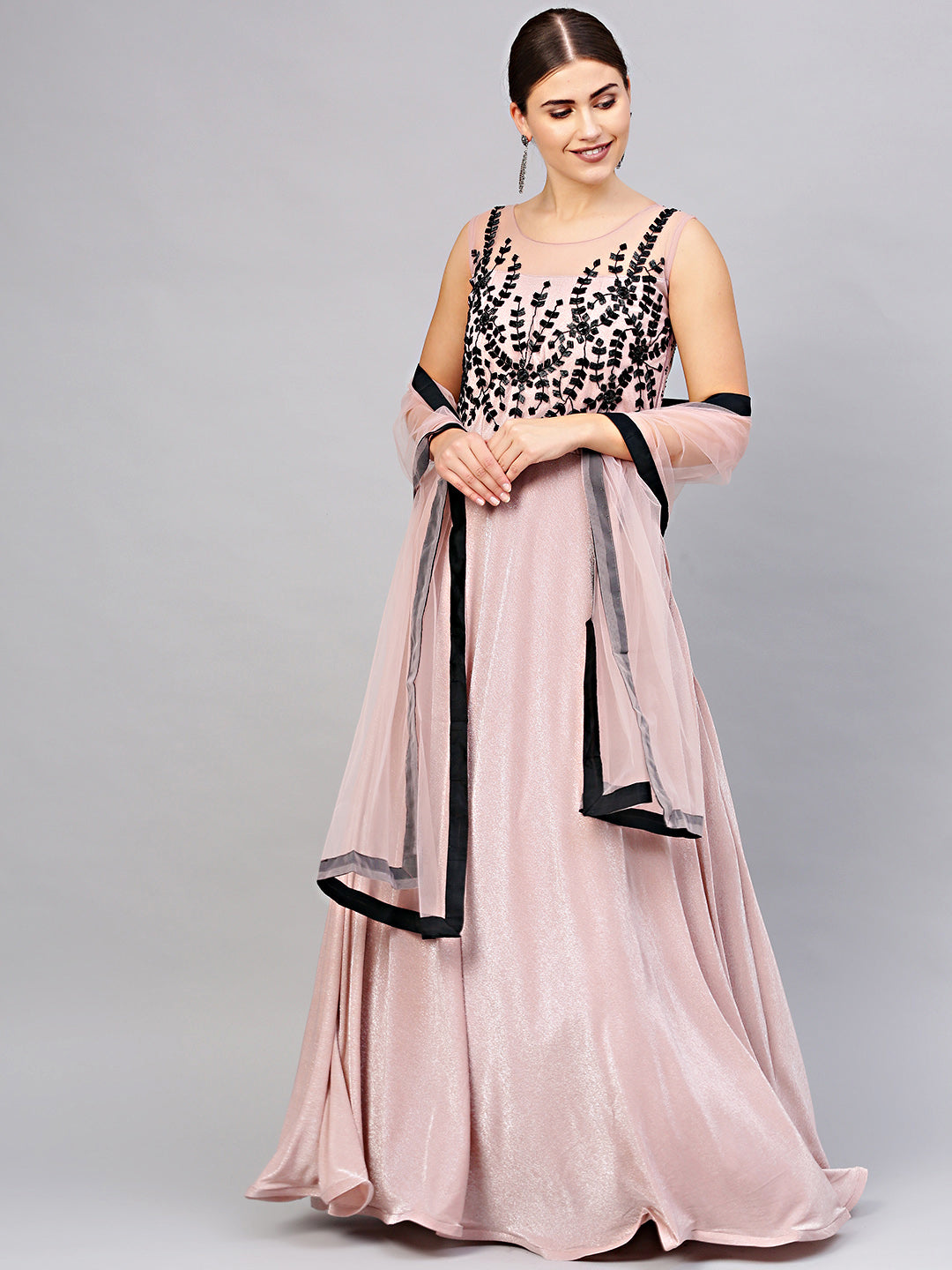Chhabra 555 Made to Measure Floor length Peach Cocktail Gown with Contrast black embroidery and textured lycra fabric and dupatta