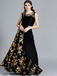 Chhabra 555 Contemporary Floral Black Lehenga with gold Foil Print with contrast Kundan and Zircon Hand Embroidered Blouse and pre-stitched pleated dupatta