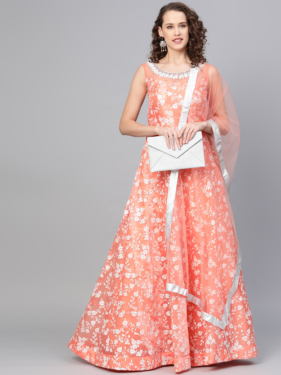 Chhabra 555 Peach Cocktail Gown with Pearl Crystal embroidered neckline and floral foil print and dupatta