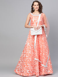 Chhabra 555 Peach Cocktail Gown with Pearl Crystal embroidered neckline and floral foil print and dupatta