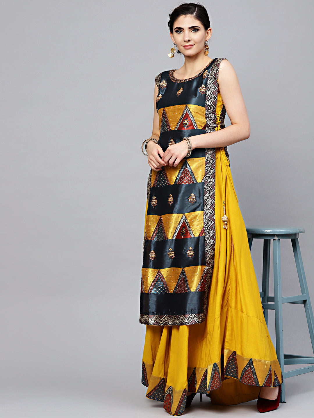 Chhabra 555 Mustard Cotton Layered Kurta Gown with Beads and stone Embellishments and tribal pattern