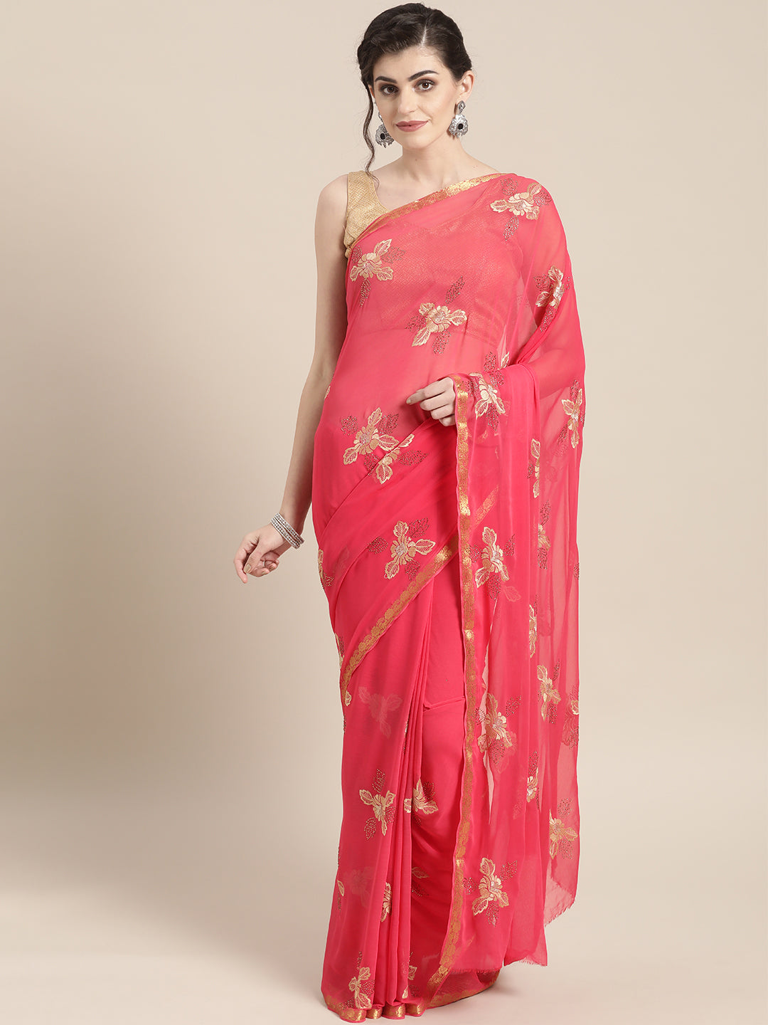 Chhabra 555 Chiffon Resham Embroidered Saree with Zari Woven Satin border and crystals