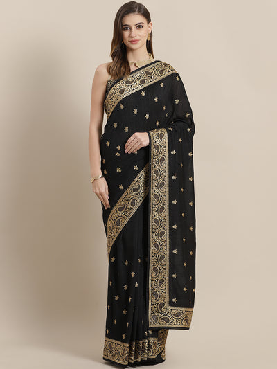 Chhabra 555 French Silk Embroidery Saree with Zari paisley motif border and Crystal embellisments