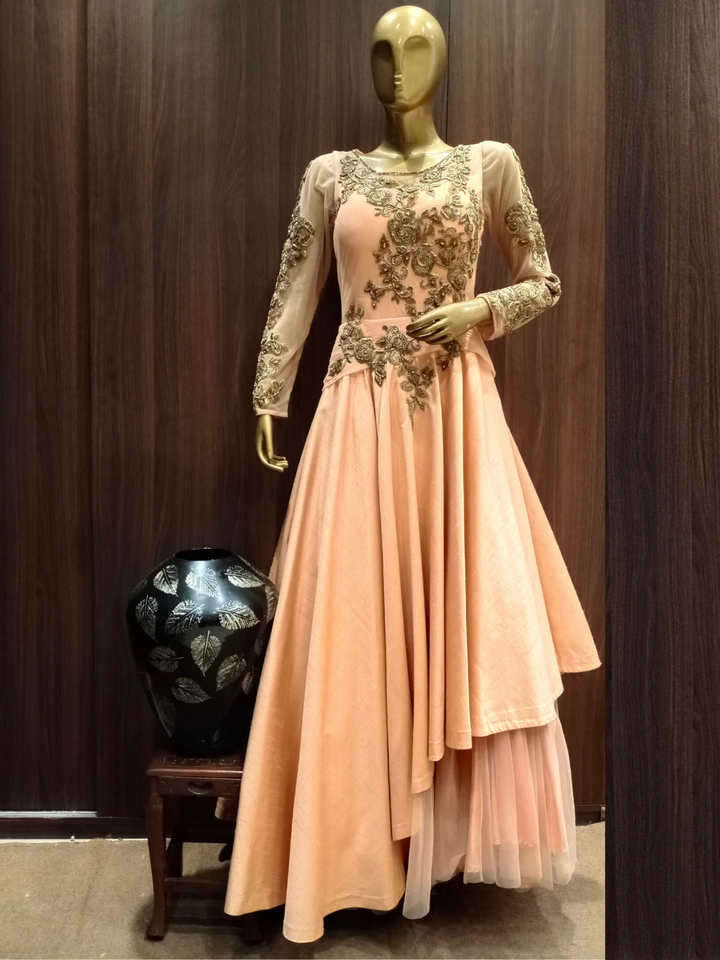 Peach Flared Gown With Zardozi Hand Embroidery and Double layering