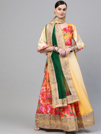 Chhabra 555 Yellow Satin Silk Semi-stitched Digital Floral Print Lehenga Set with Heavy Zari Border