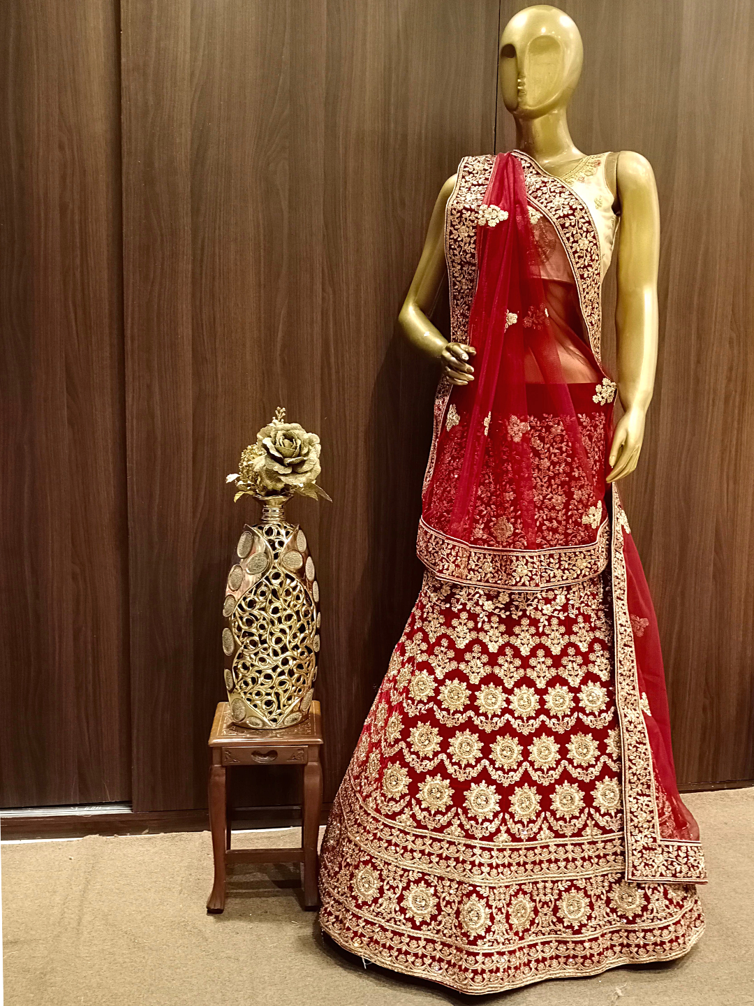 Heavy Ornate Semi-stitched Bridal Lehenga with Gold Zari ,Kundan Embroidery