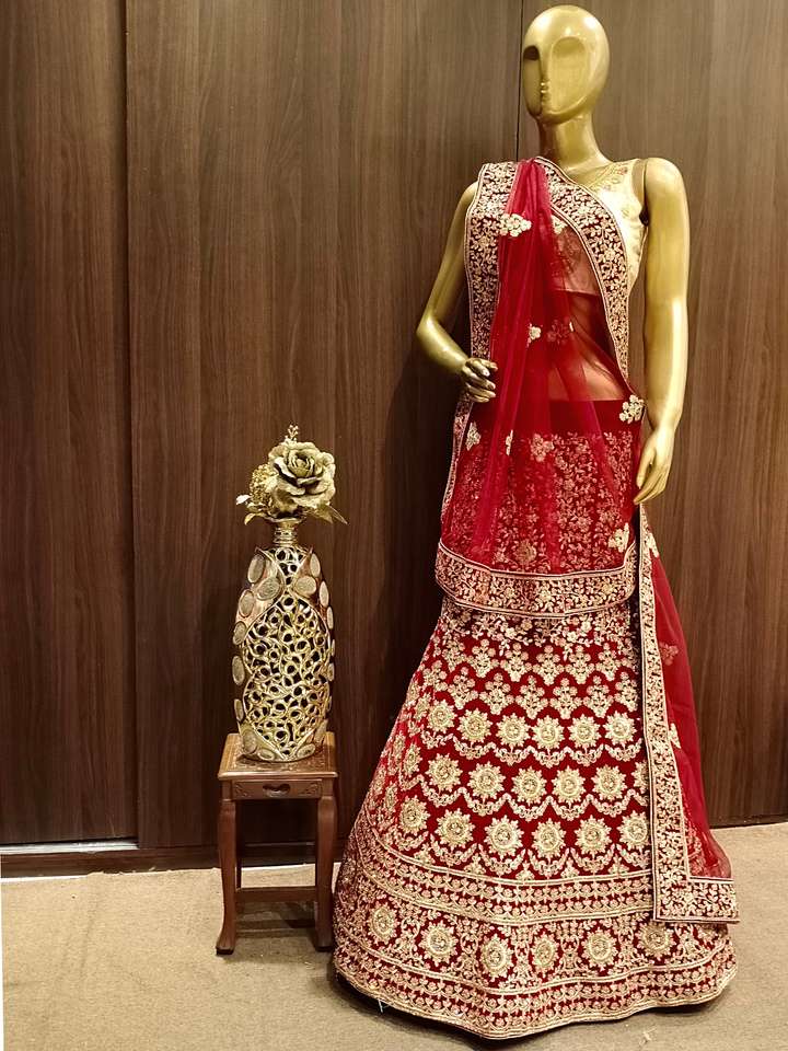 Heavy Ornate Semi-stitched Bridal Lehenga with Gold Zari ,Kundan Embroidery