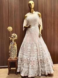 Pastel Pink Crystal Hand Embellished Layered Gown with Resham Embroidery