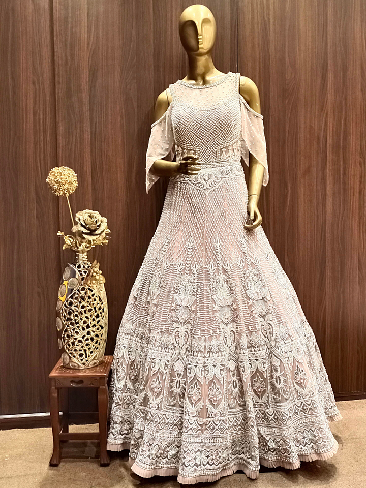 Pastel Pink Crystal Hand Embellished Layered Gown with Resham Embroidery